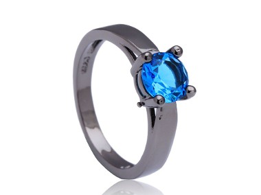 Nowy czarny pierścionek prosty niebieska pojedyncza cyrkonia retro goth dark-1