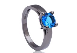 Nowy czarny pierścionek prosty niebieska pojedyncza cyrkonia retro goth dark
