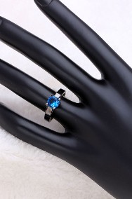 Nowy czarny pierścionek prosty niebieska pojedyncza cyrkonia retro goth dark-2