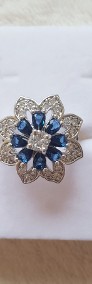 Nowy pierścionek srebrny kolor białe niebieskie cyrkonie kwiat duży -4