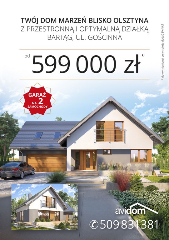 Dom jedno rodziny Olsztyn, Bartąg Ul. Gościnna , podwójny garaż , duża działka