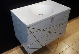 Szafka łazienkowa z dwiema szufladami i owalną umywalką wygiętą z blatu