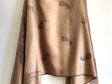 Duży szal orientalny indyjski haftowany haft paisley pashmina brąz beż-1