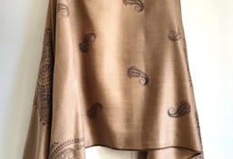 Duży szal orientalny indyjski haftowany haft paisley pashmina brąz beż