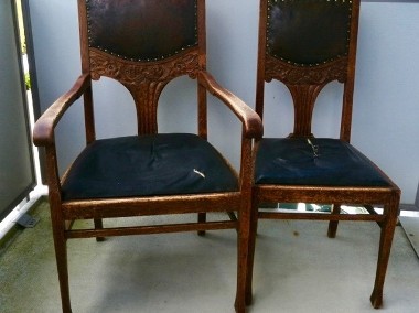 Sprzedam secesyjny dębowy stół, 4 krzesła tapicerowane skórą i fotel-2