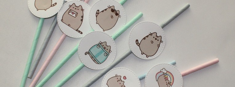 10x papierowe słomki pastelowe szary kot Pusheen kotki dla dzieci-1