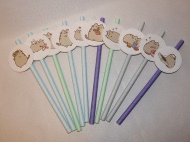 10x papierowe słomki pastelowe szary kot Pusheen kotki dla dzieci-2