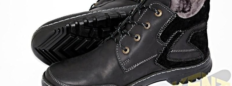 Czarne Skórzane buty zimowe, trzewiki Kent 206, Dobra Cena-1