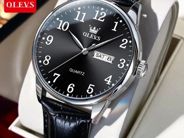 Klasyczny zegarek męski Olevs garniturowy czarny 40mm  podwójny datownik box-1