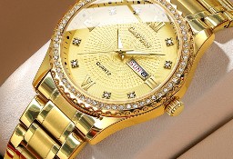 Klasyczny zegarek damski złoty z cyrkoniami datownik bransoleta pudełko kwarcowy
