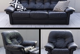 OKAZJA.  Zestaw wypoczynkowy. Sofa + rozkładany fotel x 2 skóra czarna luksusowa