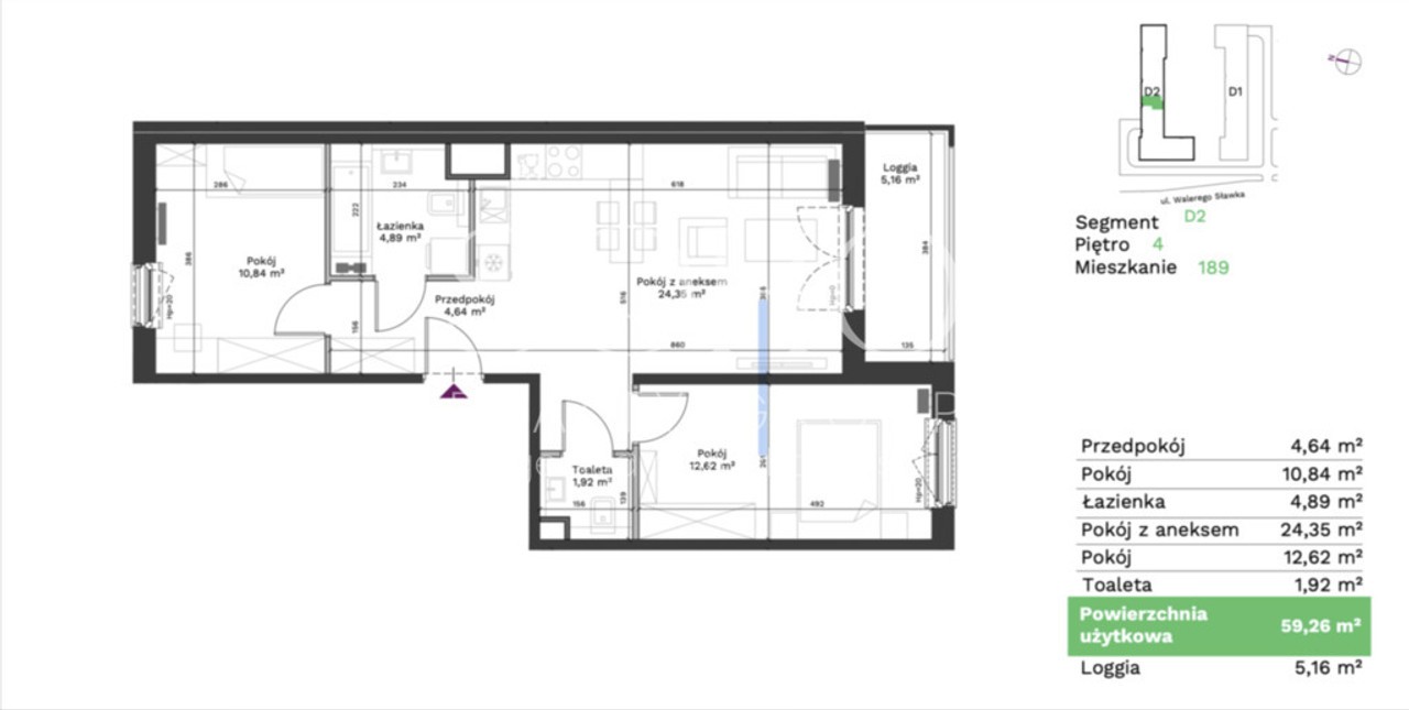 ul. Walerego Sławka, 59.26 m², 3 pokoje, BONA - Widok 6