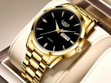 Zegarek męski klasyczny Lige złoty garniturowiec z bransoletą datownik luma box-1