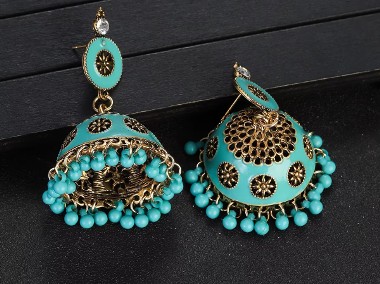 Kolczyki duże boho indyjskie jhumka turkusowe kolor złoty Bollywood dzwonki-1