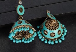 Kolczyki duże boho indyjskie jhumka turkusowe kolor złoty Bollywood dzwonki