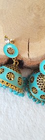 Kolczyki duże boho indyjskie jhumka turkusowe kolor złoty Bollywood dzwonki-3