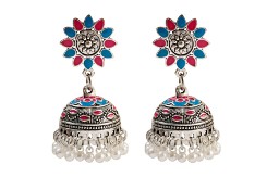 Nowe kolczyki indyjskie srebrny kolor niebieski różowy białe koraliki perełki
