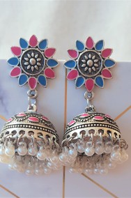 Nowe kolczyki indyjskie srebrny kolor niebieski różowy białe koraliki perełki-2