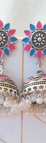 Nowe kolczyki indyjskie srebrny kolor niebieski różowy białe koraliki perełki-3