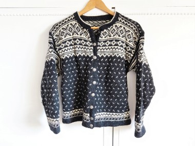 Wełniany norweski sweter vintage retro kardigan wełna wzór szary biały guziki-1