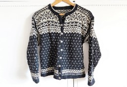 Wełniany norweski sweter vintage retro kardigan wełna wzór szary biały guziki