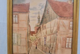 Stylowy rysunek/ akwarela, papier, sygnowany, ulica, autor: W. Frey