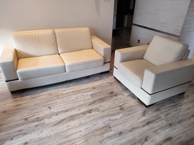 Skórzana sofa 3os, z funkcją spania, rozkładana oraz skórzany fotel - kolor ecru-1