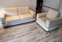 Skórzana sofa 3os, z funkcją spania, rozkładana oraz skórzany fotel - kolor ecru