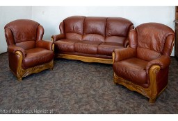Zestaw wypoczynkowy skórzany: sofa z opcją spania typu belgijskiego + 2 fotele.