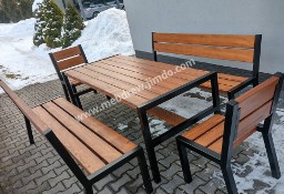 Stół drewniany loft ogrodowy metalowy stelaż ławki fotele zestaw