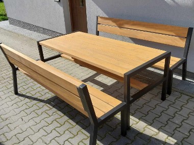 Stół drewniany loft ogrodowy metalowy stelaż ławki fotele zestaw-1
