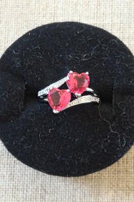 Nowy pierścionek srebrny kolor czerwone cyrkonie serca serduszka-2