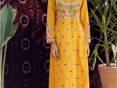 Nowa sukienka tunika indyjska L 40 żółta haftowana kwiaty boho hippie na lato-1
