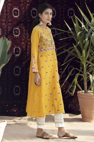 Nowa sukienka tunika indyjska L 40 żółta haftowana kwiaty boho hippie na lato-2