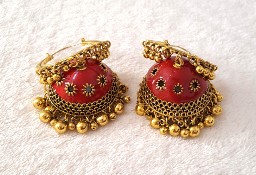 Kolczyki duże boho indyjskie jhumka czerwone kolor złoty Bollywood duże