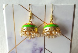 Małe kolczyki indyjskie jhumka jhumki dzwonki złoty kolor neon boho Bollywood