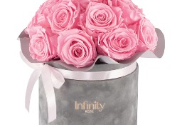 Bukiet różowe wieczne róże szary flower box prezent na ślub, prezent na wesele