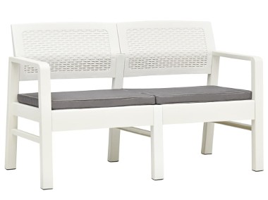 vidaXL 2-os. ławka ogrodowa z poduszkami, 120 cm, plastik, biała48821-1