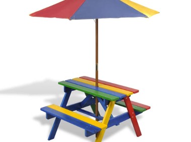 vidaXL Stół dla dzieci z ławkami i parasolem, wielokolorowy, drewniany 40773-1