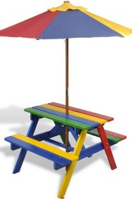 vidaXL Stół dla dzieci z ławkami i parasolem, wielokolorowy, drewniany 40773-2