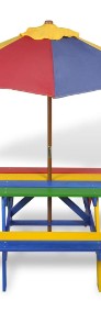 vidaXL Stół dla dzieci z ławkami i parasolem, wielokolorowy, drewniany 40773-3