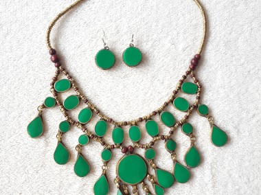 Orientalna biżuteria zielona komplet kolia kolczyki etno boho hippie bohemian -1