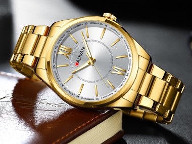 Klasyczny zegarek męski złoty z bransoletą stalową szkiełko mineralne-1