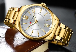 Klasyczny zegarek męski złoty z bransoletą stalową szkiełko mineralne