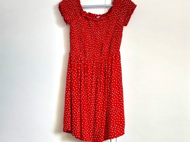 Czerwona sukienka letnia H&M białe groszki kropki 38 M krepa lato-1