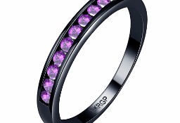 Nowy czarny pierścionek obrączka fioletowe cyrkonie prosty czerń dark
