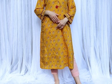 Indyjski komplet tunika chusta M 38 S 36 żółta bawełna wzór kameez boho hippie-1