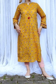 Indyjski komplet tunika chusta M 38 S 36 żółta bawełna wzór kameez boho hippie-2