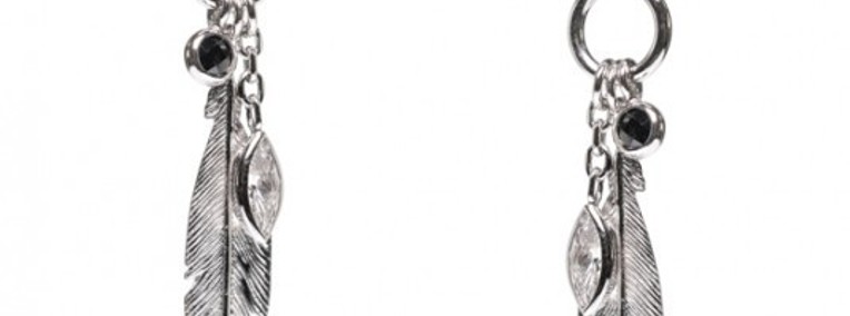 Srebrna biżuteria kolczyki piórka z czarnymi i białymi cyrkoniami-1