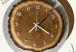 Drewniany zegar ścienny z plastra drewna 30 cm, białe dodatki 